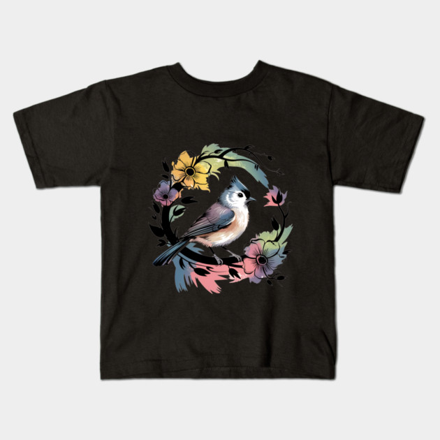 Pastel Tufted Titmouse with Rainbow Floral Wreath Kids T-Shirt by BirdsnStuff