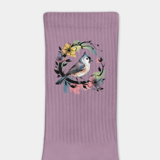 Pastel Tufted Titmouse with Rainbow Floral Wreath by BirdsnStuff