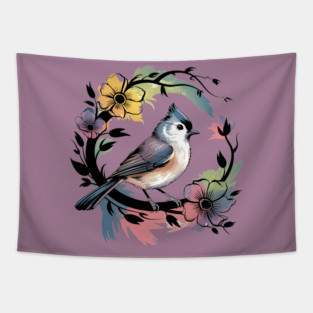 Pastel Tufted Titmouse with Rainbow Floral Wreath Tapestry
