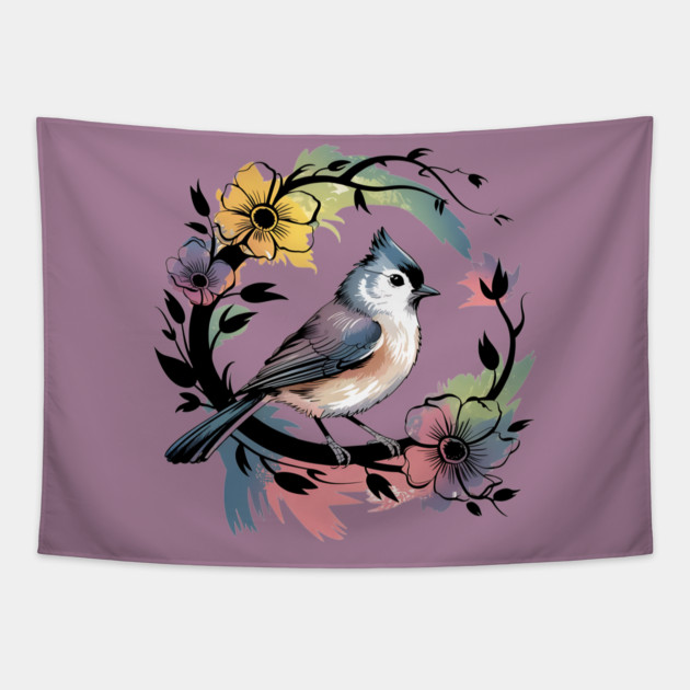 Pastel Tufted Titmouse with Rainbow Floral Wreath Tapestry by BirdsnStuff
