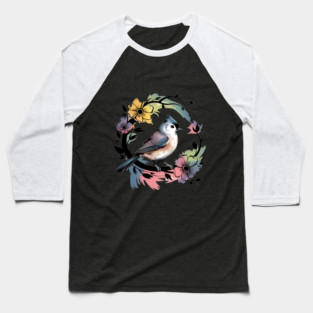 Pastel Tufted Titmouse with Rainbow Floral Wreath Baseball T-Shirt