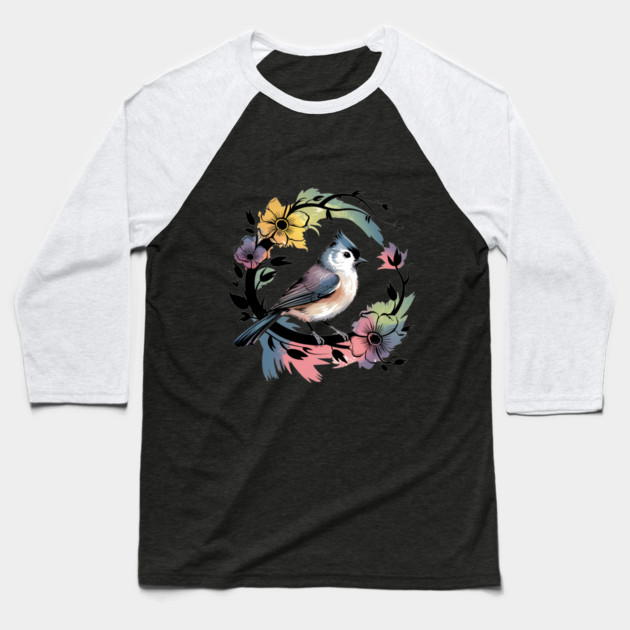 Pastel Tufted Titmouse with Rainbow Floral Wreath Baseball T-Shirt by BirdsnStuff