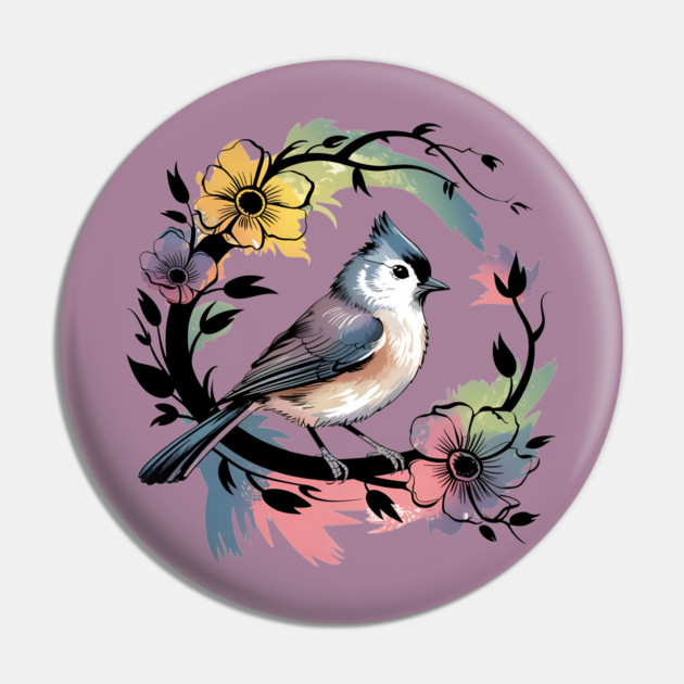 Pastel Tufted Titmouse with Rainbow Floral Wreath Pin by BirdsnStuff