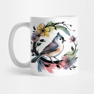 Pastel Tufted Titmouse with Rainbow Floral Wreath Mug