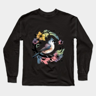 Pastel Tufted Titmouse with Rainbow Floral Wreath Long Sleeve T-Shirt