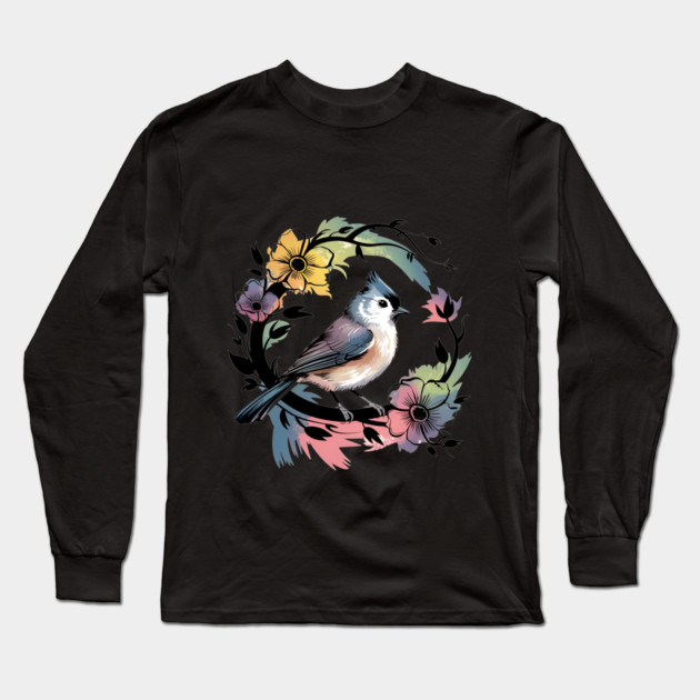 Pastel Tufted Titmouse with Rainbow Floral Wreath Long Sleeve T-Shirt by BirdsnStuff