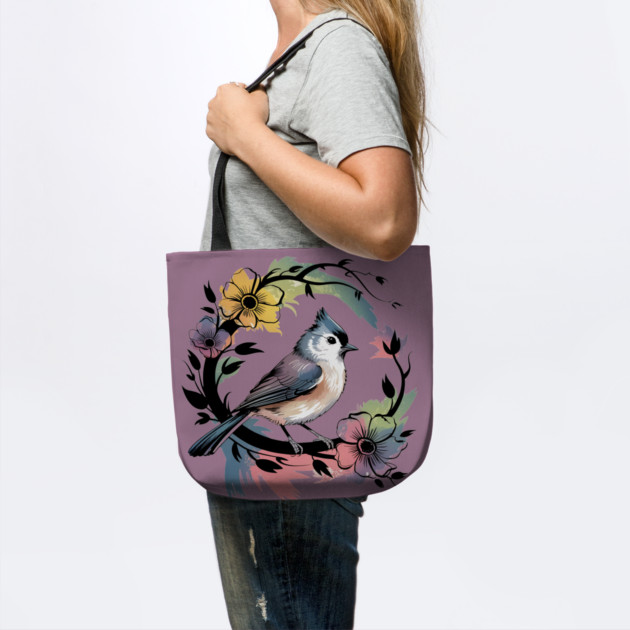 Pastel Tufted Titmouse with Rainbow Floral Wreath by BirdsnStuff