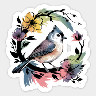 Pastel Tufted Titmouse with Rainbow Floral Wreath Magnet