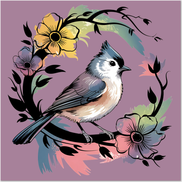 Pastel Tufted Titmouse with Rainbow Floral Wreath Wall Art by BirdsnStuff