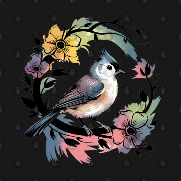 Pastel Tufted Titmouse with Rainbow Floral Wreath by BirdsnStuff