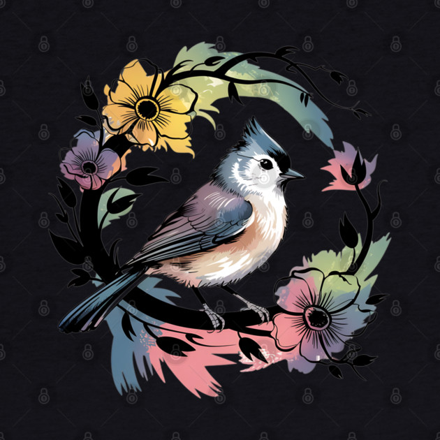 Pastel Tufted Titmouse with Rainbow Floral Wreath by BirdsnStuff
