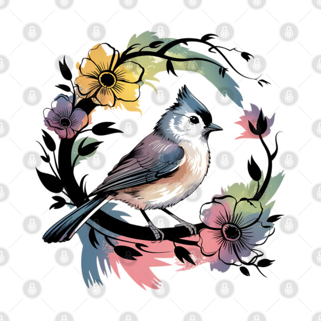 Pastel Tufted Titmouse with Rainbow Floral Wreath by BirdsnStuff
