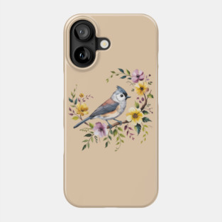 Tufted Titmouse Perched in Blush and Yellow Blooms Phone Case