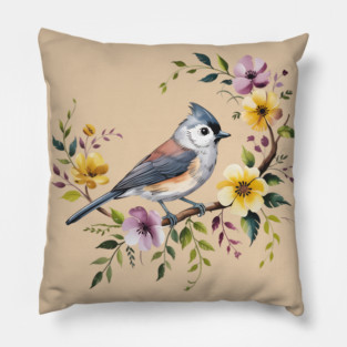 Tufted Titmouse Perched in Blush and Yellow Blooms Pillow