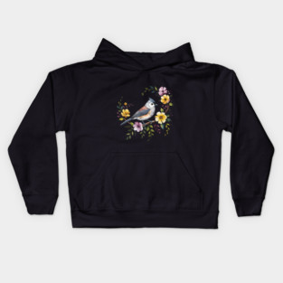 Tufted Titmouse Perched in Blush and Yellow Blooms Kids Hoodie