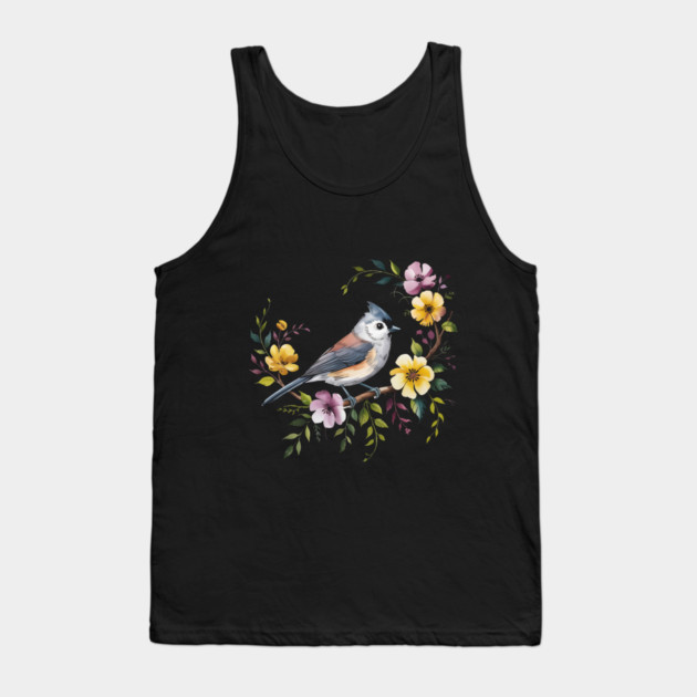 Tufted Titmouse Perched in Blush and Yellow Blooms Tank Top by BirdsnStuff