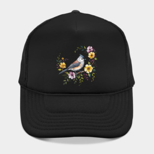 Tufted Titmouse Perched in Blush and Yellow Blooms Hat