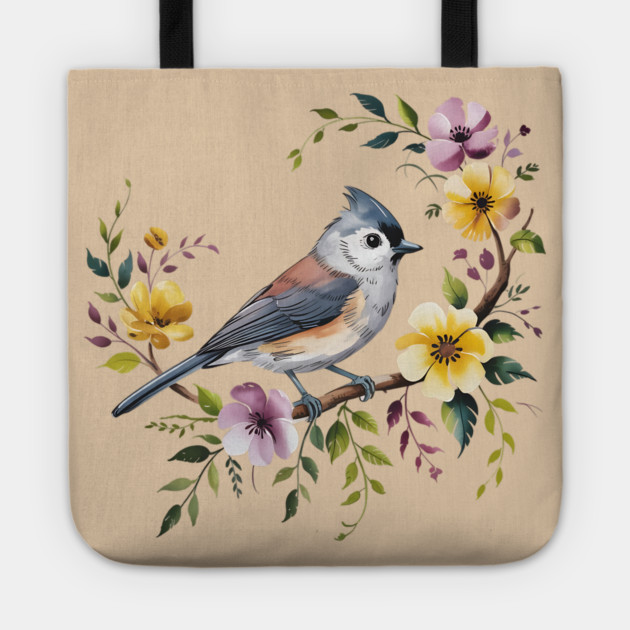 Tufted Titmouse Perched in Blush and Yellow Blooms Tote by BirdsnStuff