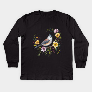 Tufted Titmouse Perched in Blush and Yellow Blooms Kids Long Sleeve T-Shirt