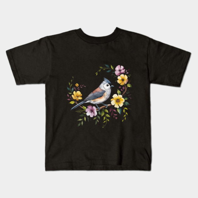 Tufted Titmouse Perched in Blush and Yellow Blooms Kids T-Shirt by BirdsnStuff