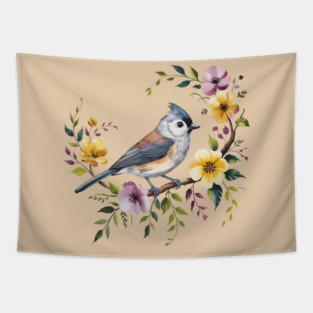 Tufted Titmouse Perched in Blush and Yellow Blooms Tapestry
