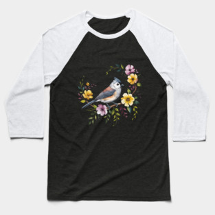 Tufted Titmouse Perched in Blush and Yellow Blooms Baseball T-Shirt