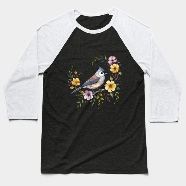 Tufted Titmouse Perched in Blush and Yellow Blooms Baseball T-Shirt by BirdsnStuff