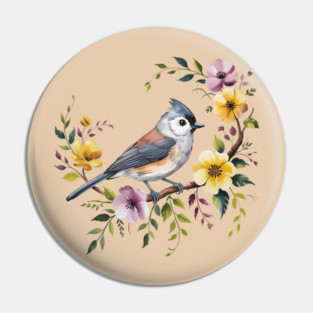 Tufted Titmouse Perched in Blush and Yellow Blooms Pin