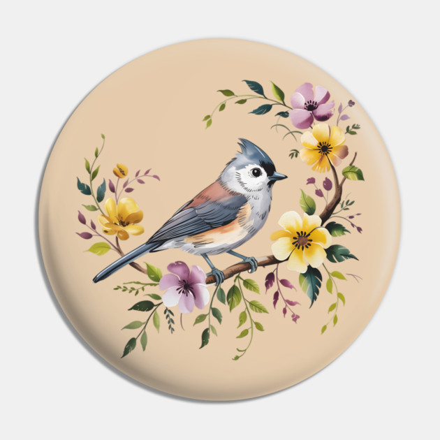 Tufted Titmouse Perched in Blush and Yellow Blooms Pin by BirdsnStuff