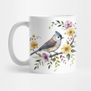 Tufted Titmouse Perched in Blush and Yellow Blooms Mug