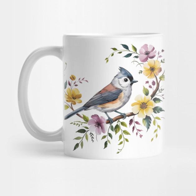 Tufted Titmouse Perched in Blush and Yellow Blooms by BirdsnStuff