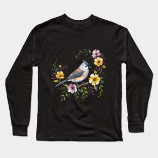 Tufted Titmouse Perched in Blush and Yellow Blooms Long Sleeve T-Shirt