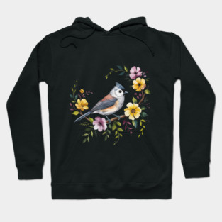 Tufted Titmouse Perched in Blush and Yellow Blooms Hoodie