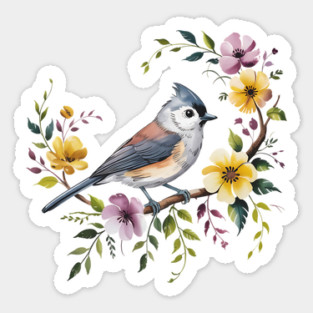 Tufted Titmouse Perched in Blush and Yellow Blooms Sticker