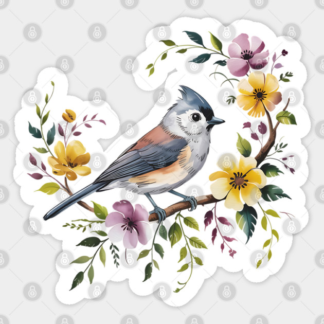 Tufted Titmouse Perched in Blush and Yellow Blooms Sticker by BirdsnStuff