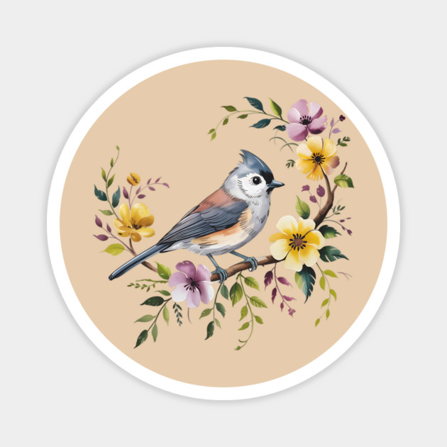 Tufted Titmouse Perched in Blush and Yellow Blooms Magnet by BirdsnStuff