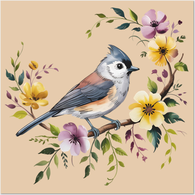 Tufted Titmouse Perched in Blush and Yellow Blooms Wall Art by BirdsnStuff
