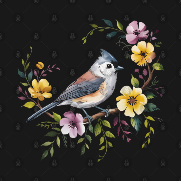 Tufted Titmouse Perched in Blush and Yellow Blooms by BirdsnStuff