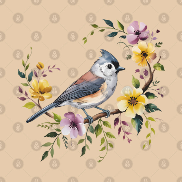 Tufted Titmouse Perched in Blush and Yellow Blooms by BirdsnStuff