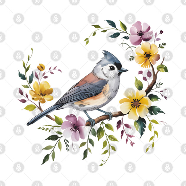 Tufted Titmouse Perched in Blush and Yellow Blooms by BirdsnStuff
