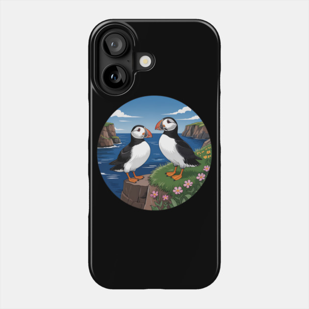 Atlantic Puffins on Scenic Coastal Cliffside View Phone Case by BirdsnStuff