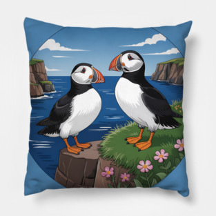 Atlantic Puffins on Scenic Coastal Cliffside View Pillow
