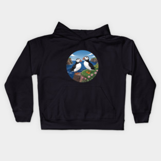 Atlantic Puffins on Scenic Coastal Cliffside View Kids Hoodie