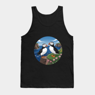 Atlantic Puffins on Scenic Coastal Cliffside View Tank Top