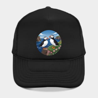 Atlantic Puffins on Scenic Coastal Cliffside View Hat