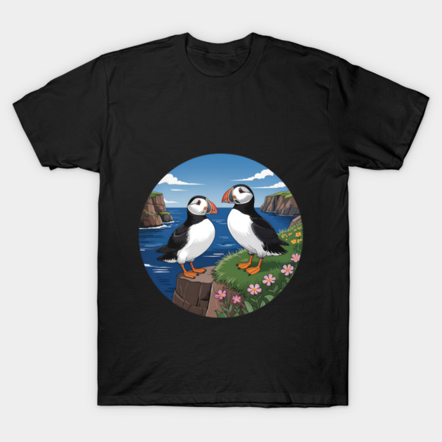 Atlantic Puffins on Scenic Coastal Cliffside View T-Shirt by BirdsnStuff
