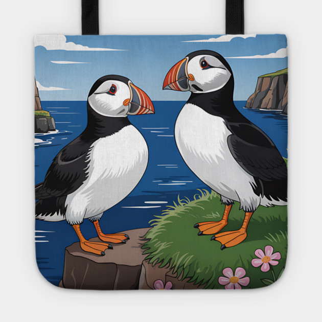 Atlantic Puffins on Scenic Coastal Cliffside View Tote by BirdsnStuff