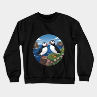 Atlantic Puffins on Scenic Coastal Cliffside View Crewneck Sweatshirt