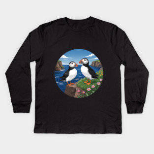 Atlantic Puffins on Scenic Coastal Cliffside View Kids Long Sleeve T-Shirt