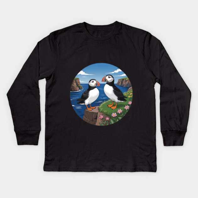 Atlantic Puffins on Scenic Coastal Cliffside View Kids Long Sleeve T-Shirt by BirdsnStuff